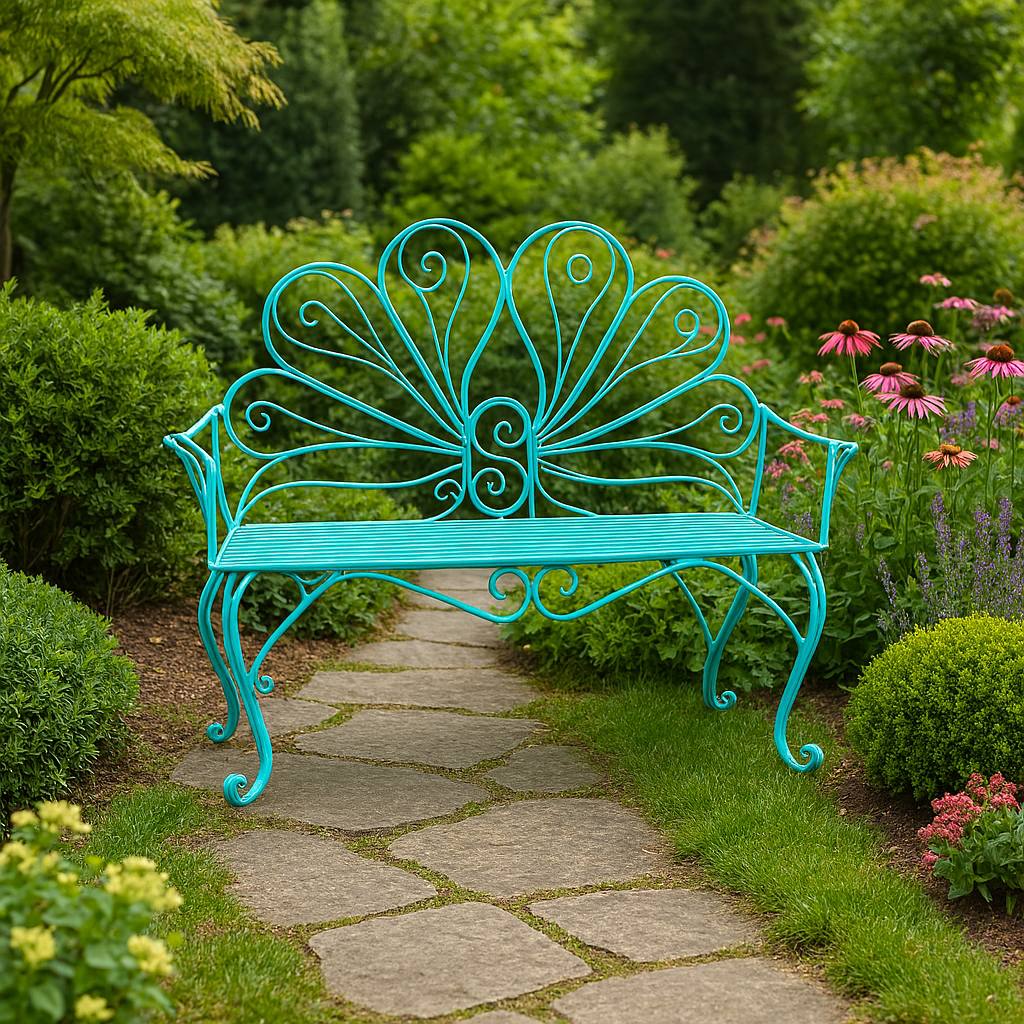 Peacock bench in a garden.png
