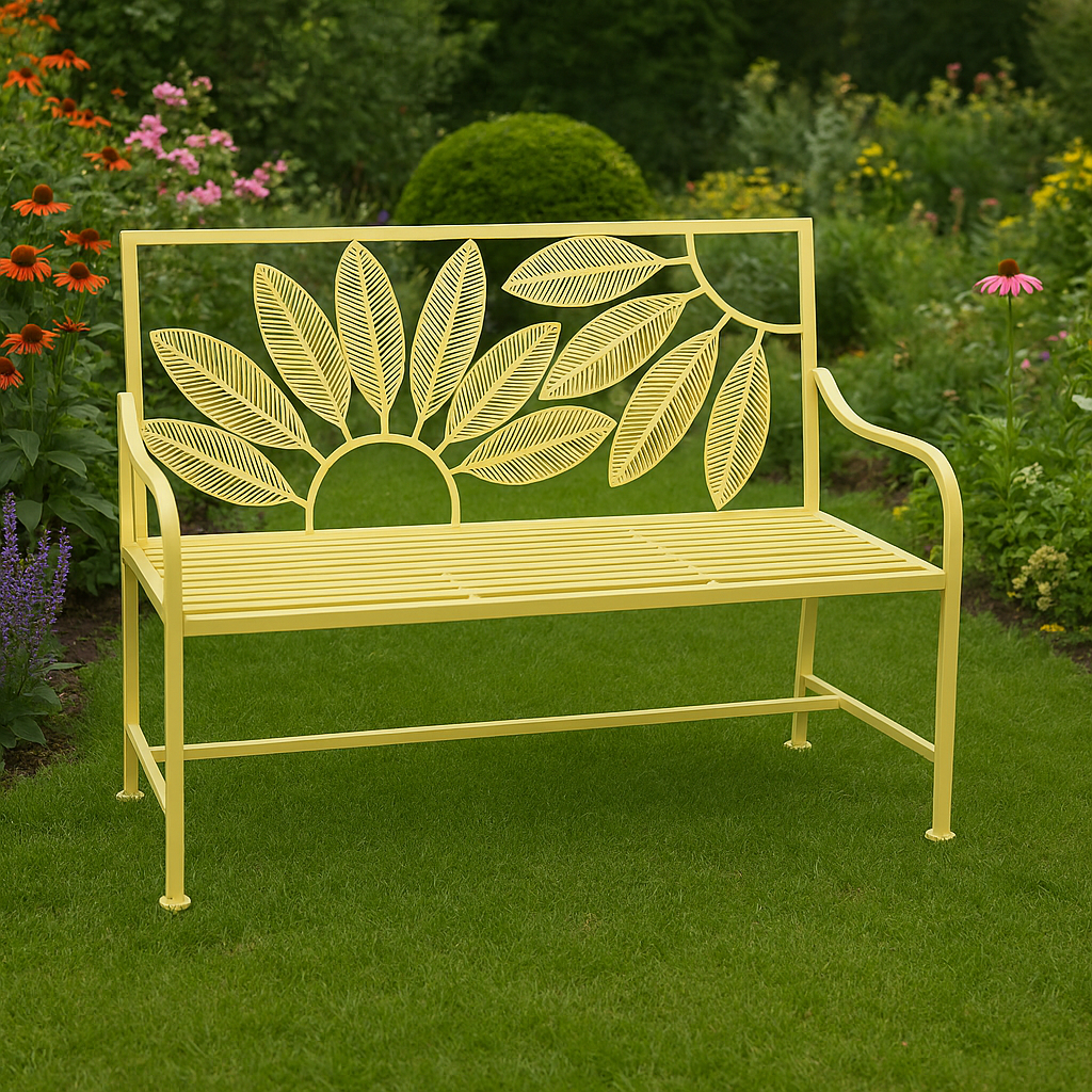 Powder coated yellow metal bench in garden.png